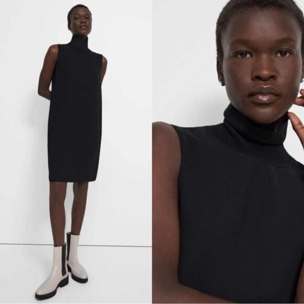 Theory Women's Navy Blue Sleeveless Roll Neck Crepe Shift Dress Size S Small EUC